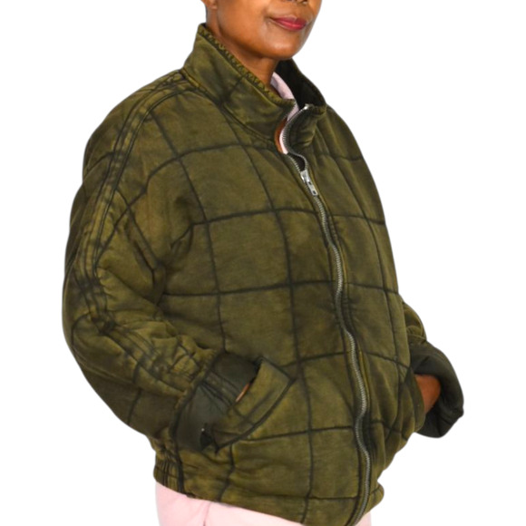 Free People Dolman Quilted Knit Jacket Green Olive Bomber Oversizes Cotton XS - Picture 16 of 16